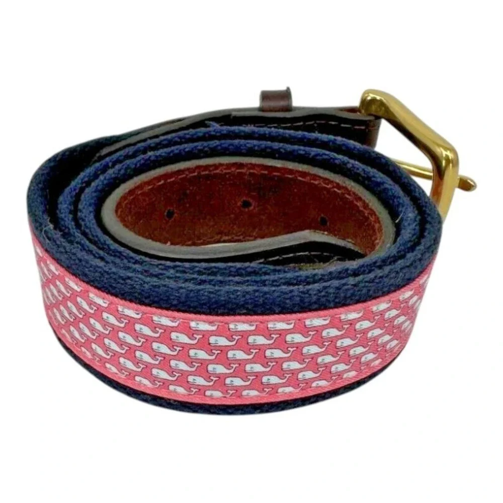 Vineyard Vines Men's Blue Woven Cotton Pink Canvas Whale Logo Golf Belt Size S/M